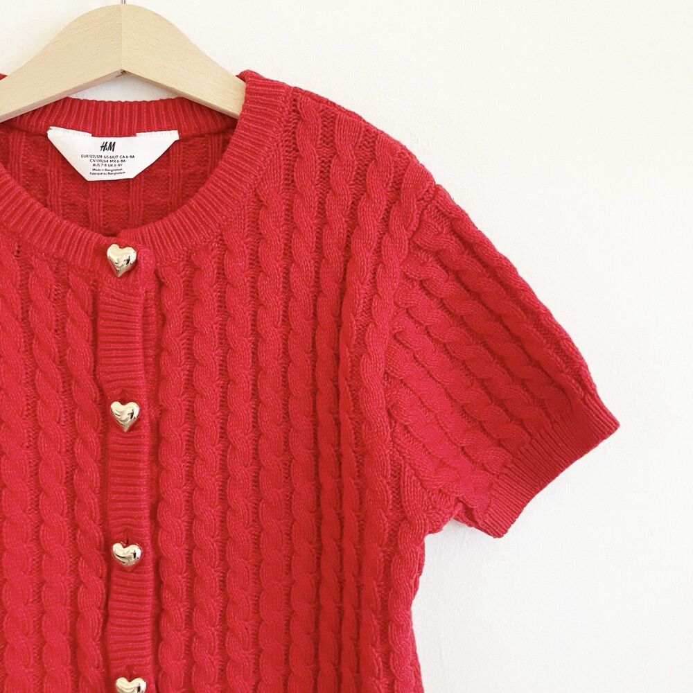 H&M Cardigan Sweater Top Heart Buttons Sz 6X/7 Red Short Sleeve Cable Knit